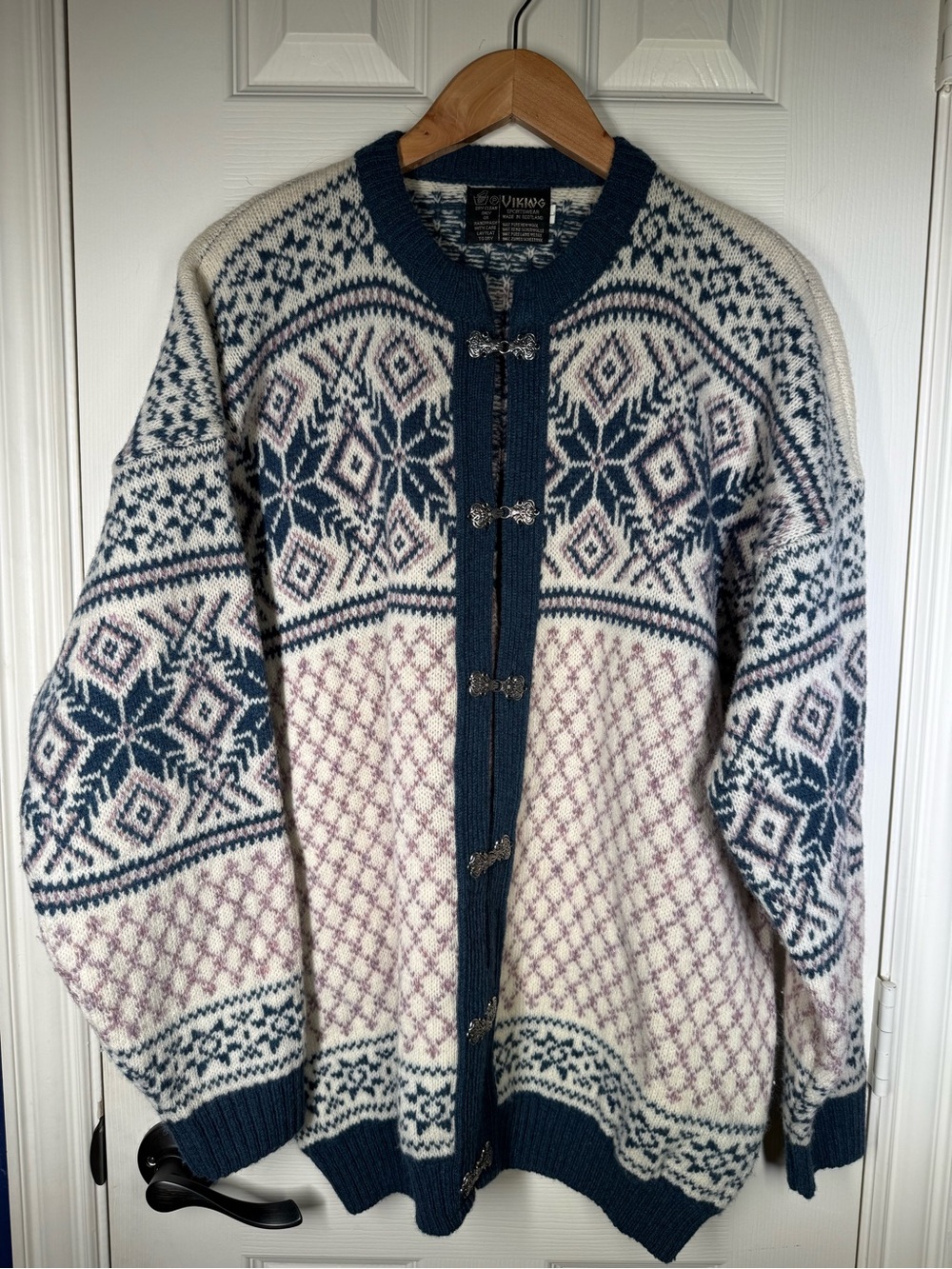 Viking Nordic-Pattern Cardigan Sweater — Cream, Navy & Lavender Made in Scotland